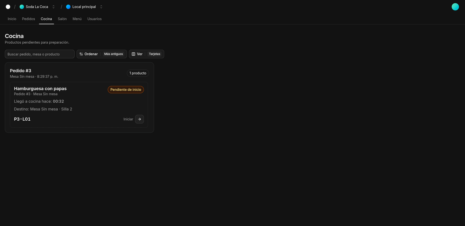 Vista de cocina en Comanda para preparación y estado de comandas.