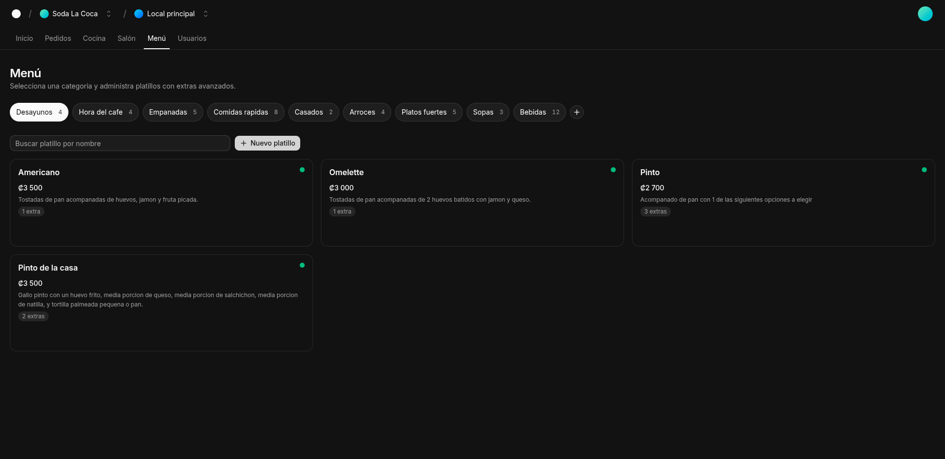 Módulo de administración de menú en Comanda.