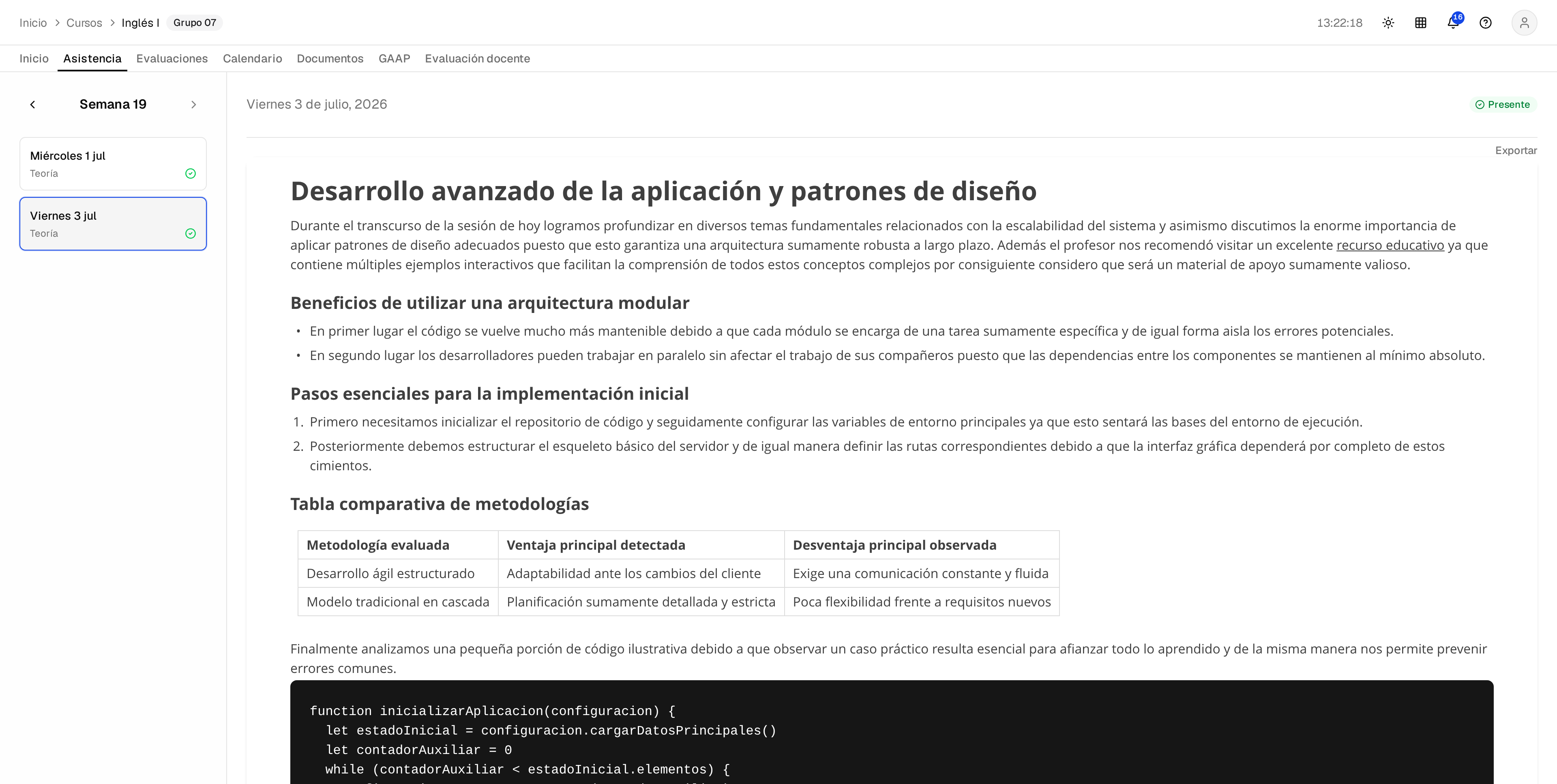 Registro de asistencia semanal.
