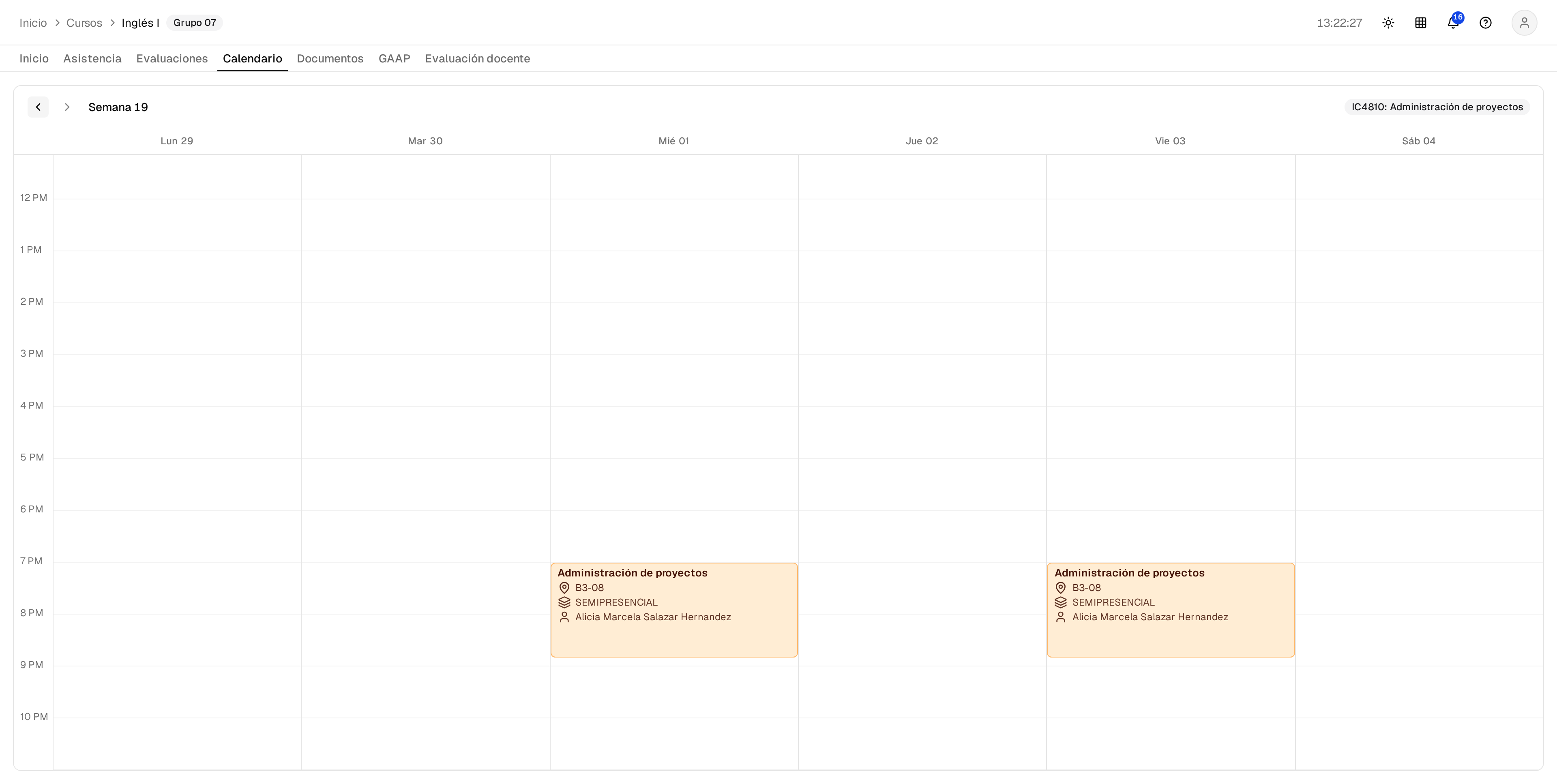 Calendario académico del curso.