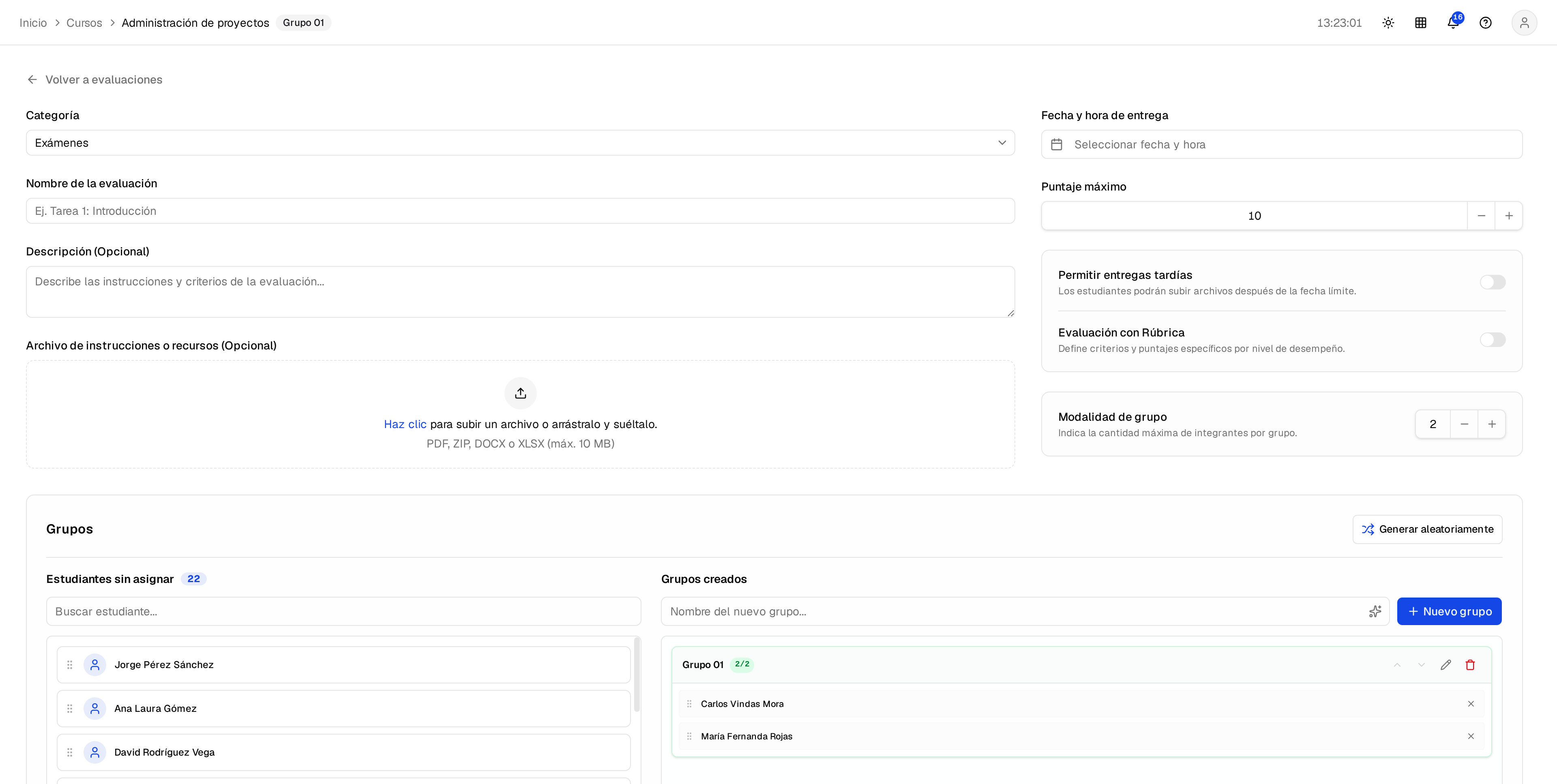 Creación de evaluaciones.